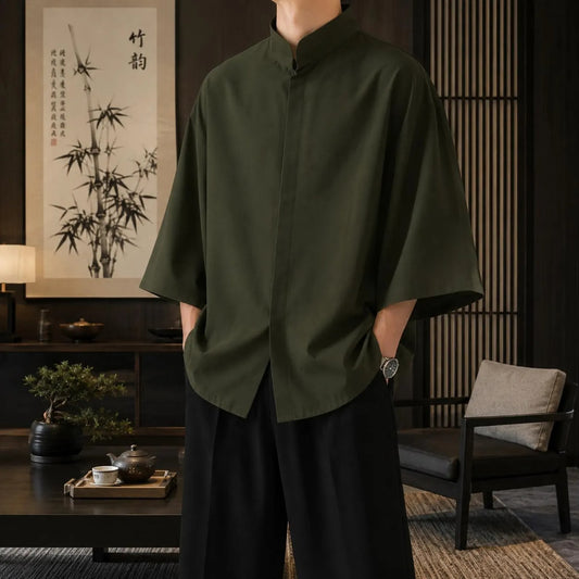 Japanese Oversized Shirt Men , Mandarin Collar Cotton Linen Blend