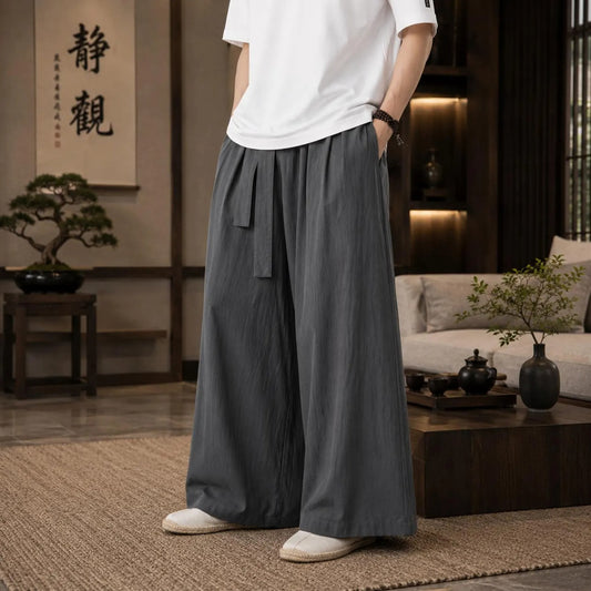 Men's Japanese Wide Leg Pants, Hakama Style Cotton Trousers
