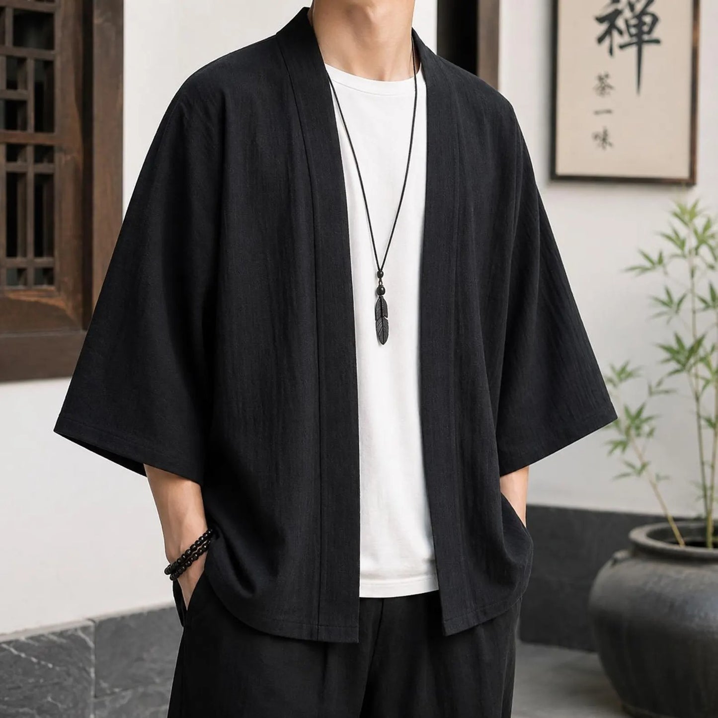Men's Cotton Linen Kimono Cardigan, Open Front Japanese Style Jacket