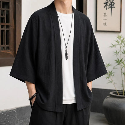 Men's Cotton Linen Kimono Cardigan, Open Front Japanese Style Jacket
