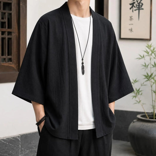 Men's Cotton Linen Kimono Cardigan, Open Front Japanese Style Jacket