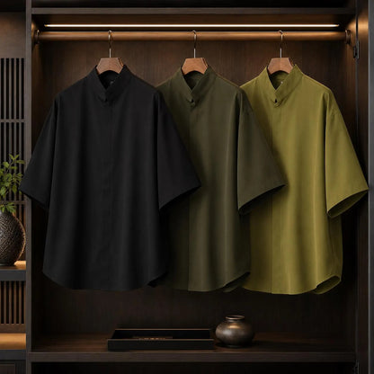Japanese Oversized Shirt Men , Mandarin Collar Cotton Linen Blend