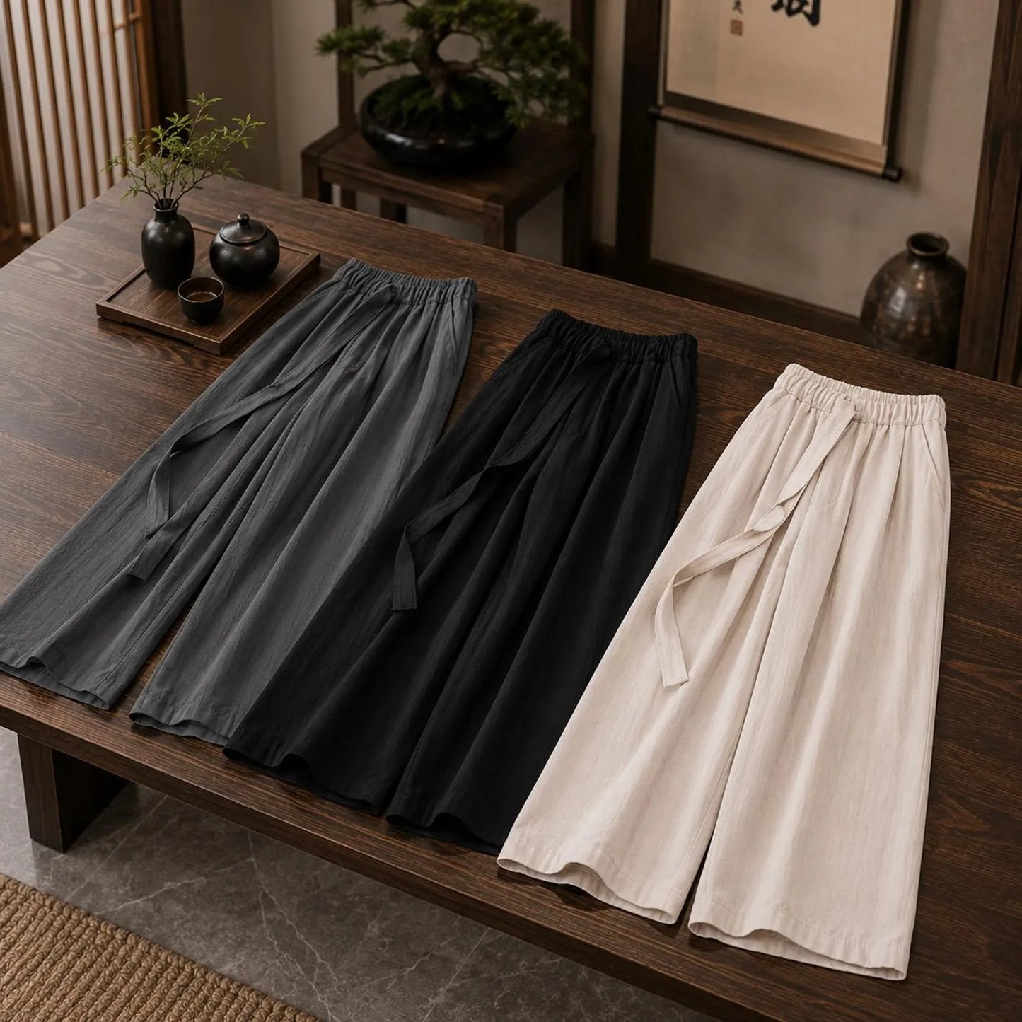 Men's Japanese Wide Leg Pants, Hakama Style Cotton Trousers