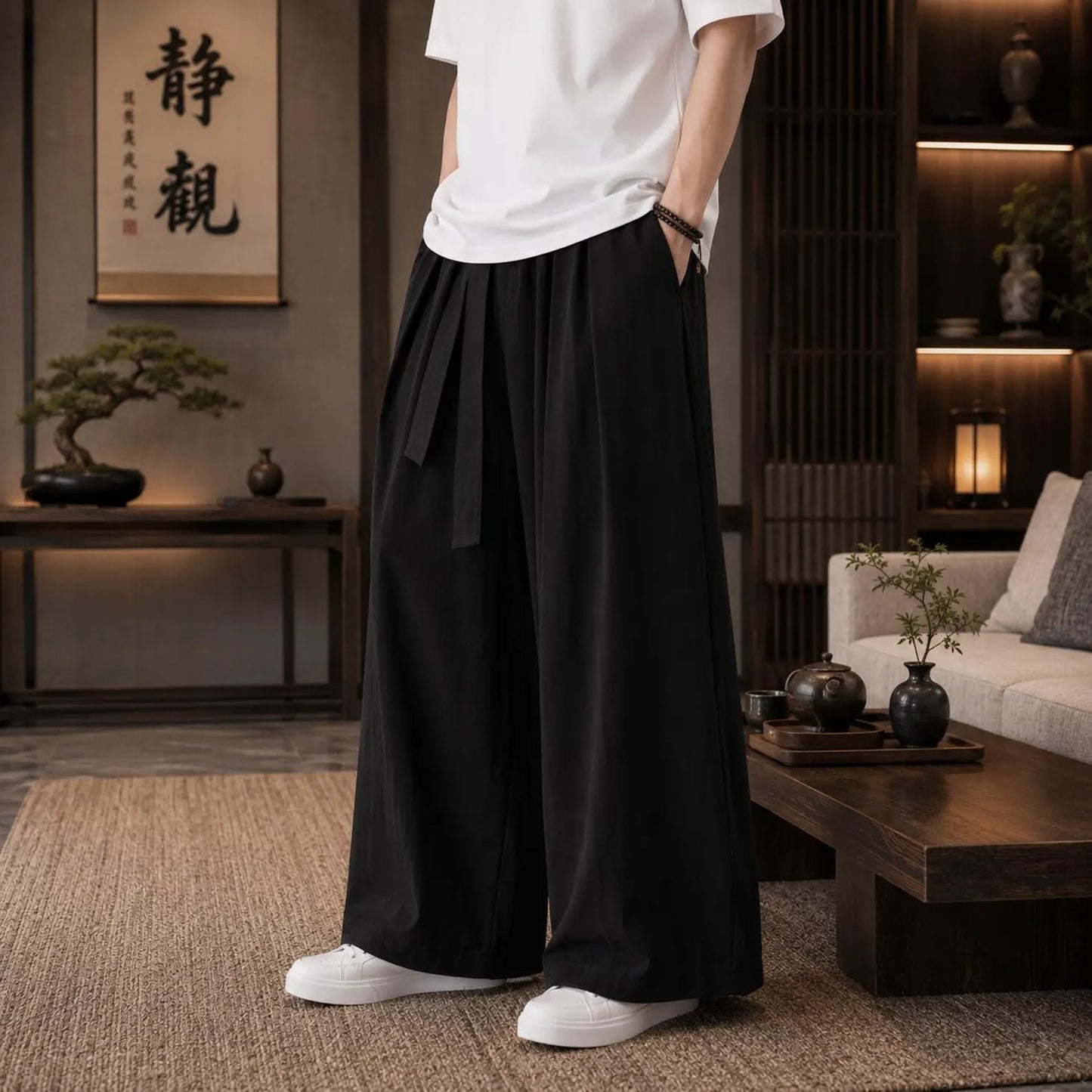 Men's Japanese Wide Leg Pants, Hakama Style Cotton Trousers