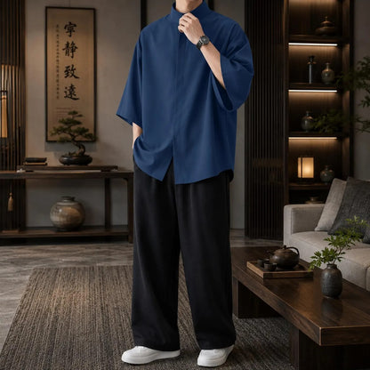 Japanese Oversized Shirt Men , Mandarin Collar Cotton Linen Blend