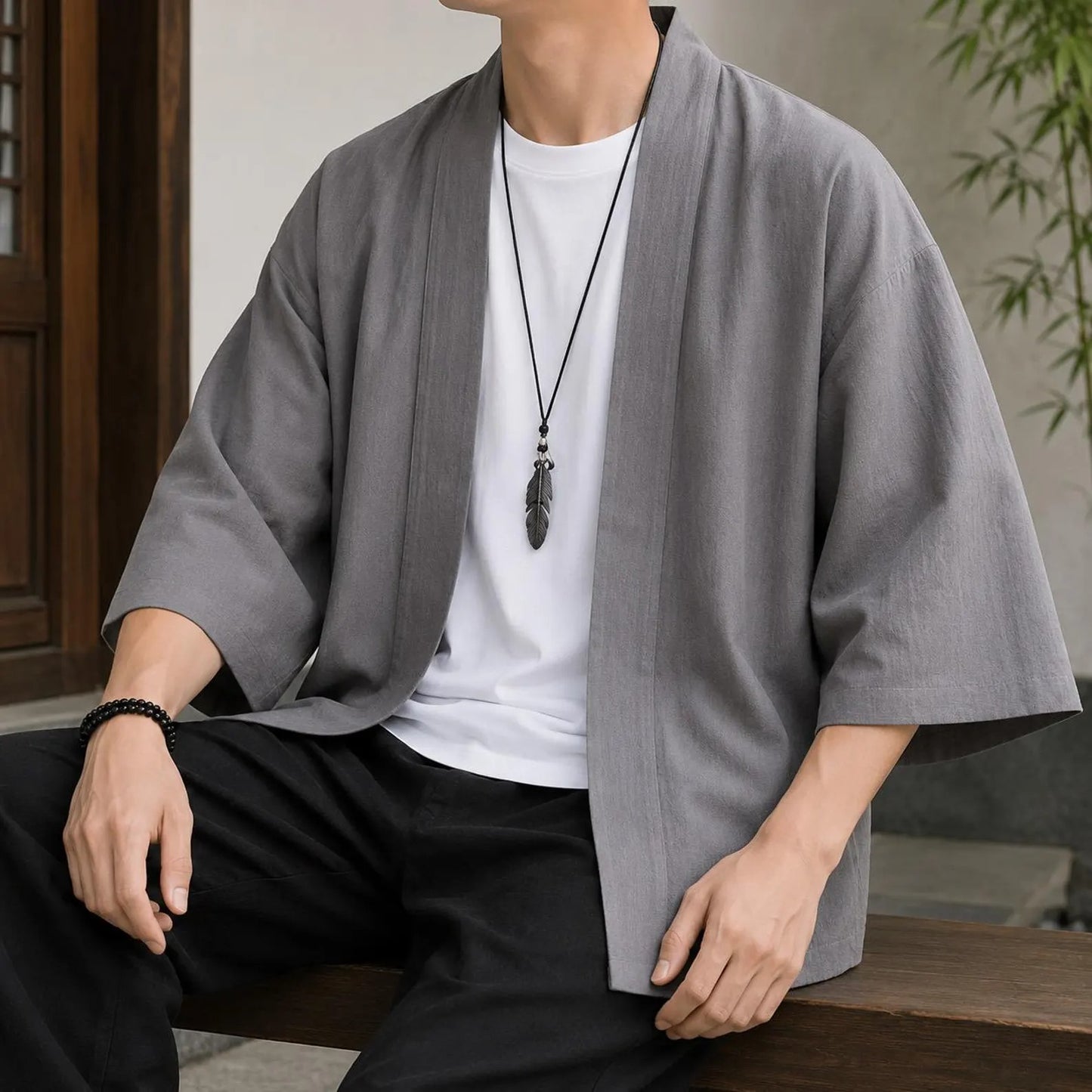 Men's Cotton Linen Kimono Cardigan, Open Front Japanese Style Jacket