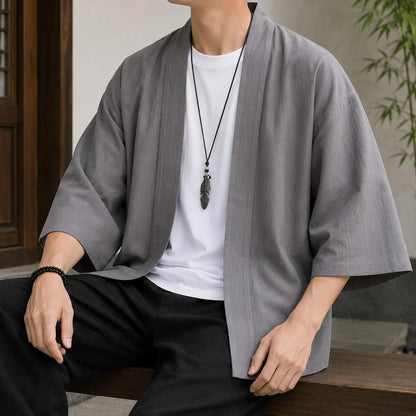 Men's Cotton Linen Kimono Cardigan, Open Front Japanese Style Jacket
