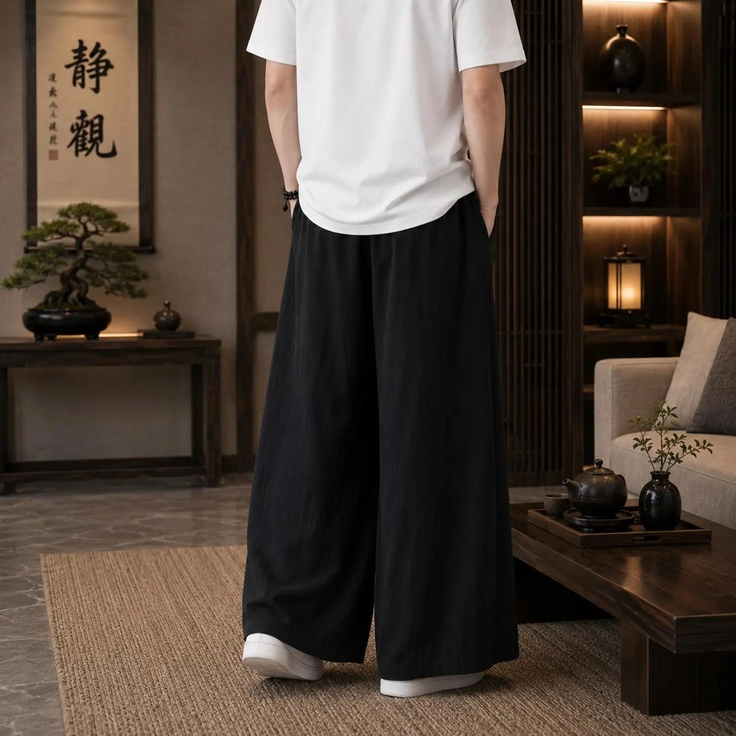 Men's Japanese Wide Leg Pants, Hakama Style Cotton Trousers