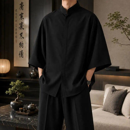 Japanese Oversized Shirt Men , Mandarin Collar Cotton Linen Blend