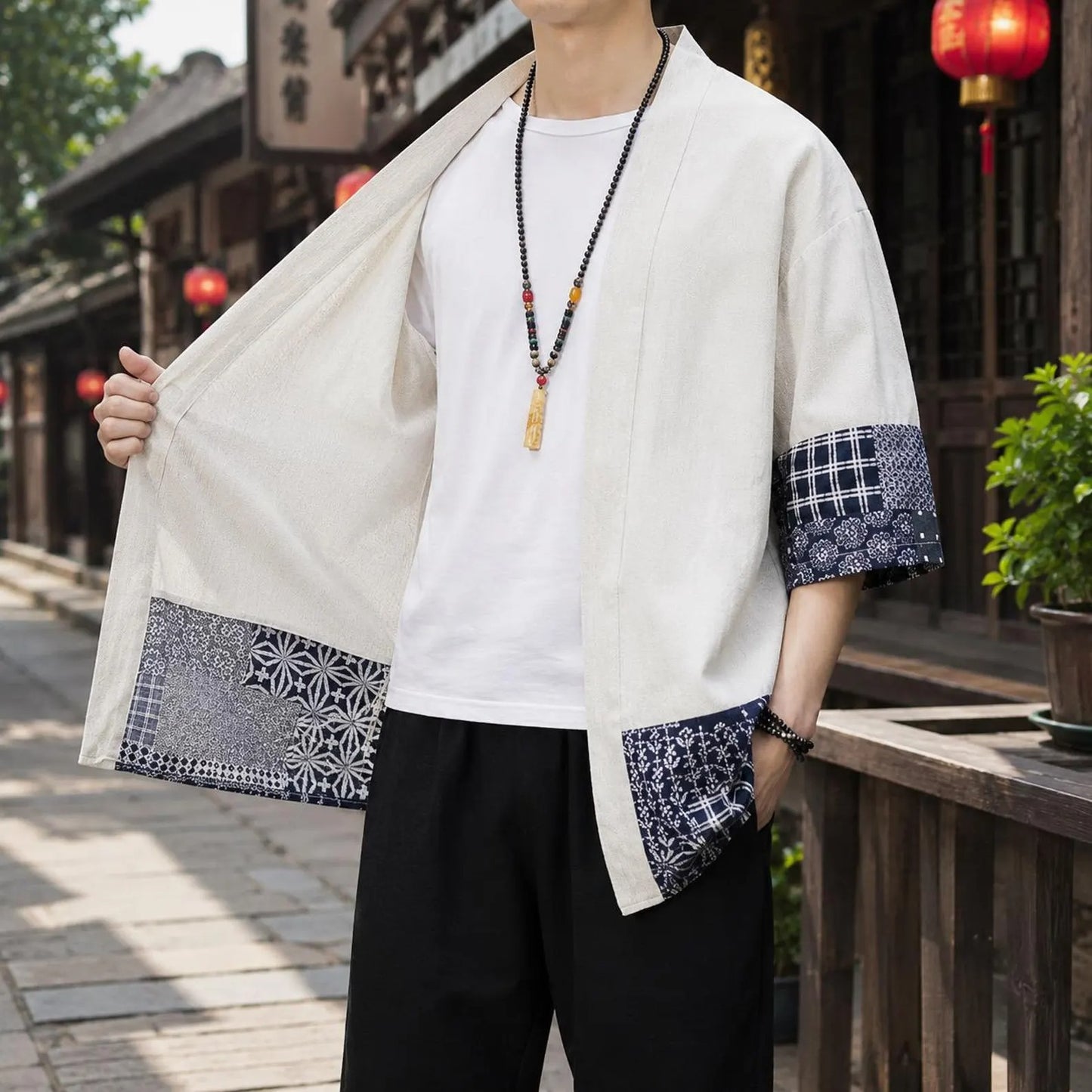 Men's Cotton Kimono Cardigan, Japanese Style Open Front Jacket