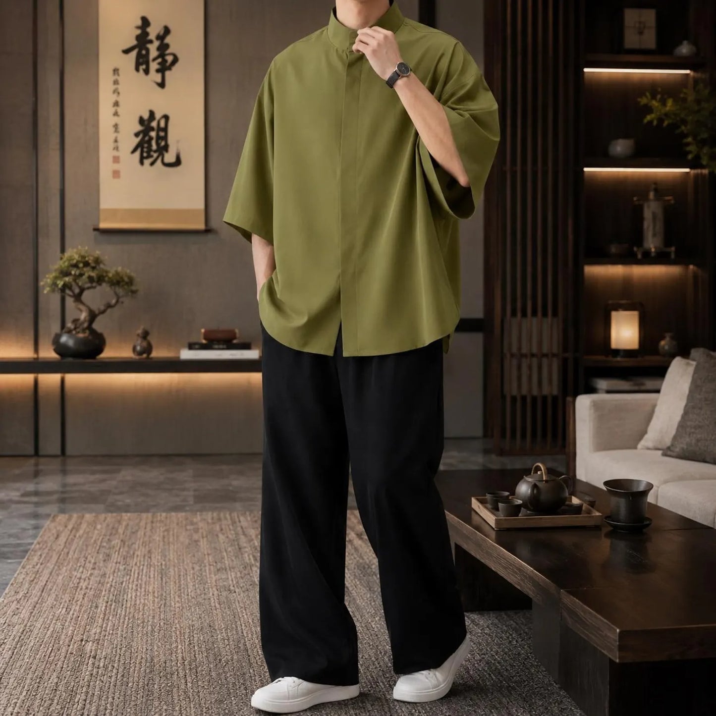 Japanese Oversized Shirt Men , Mandarin Collar Cotton Linen Blend