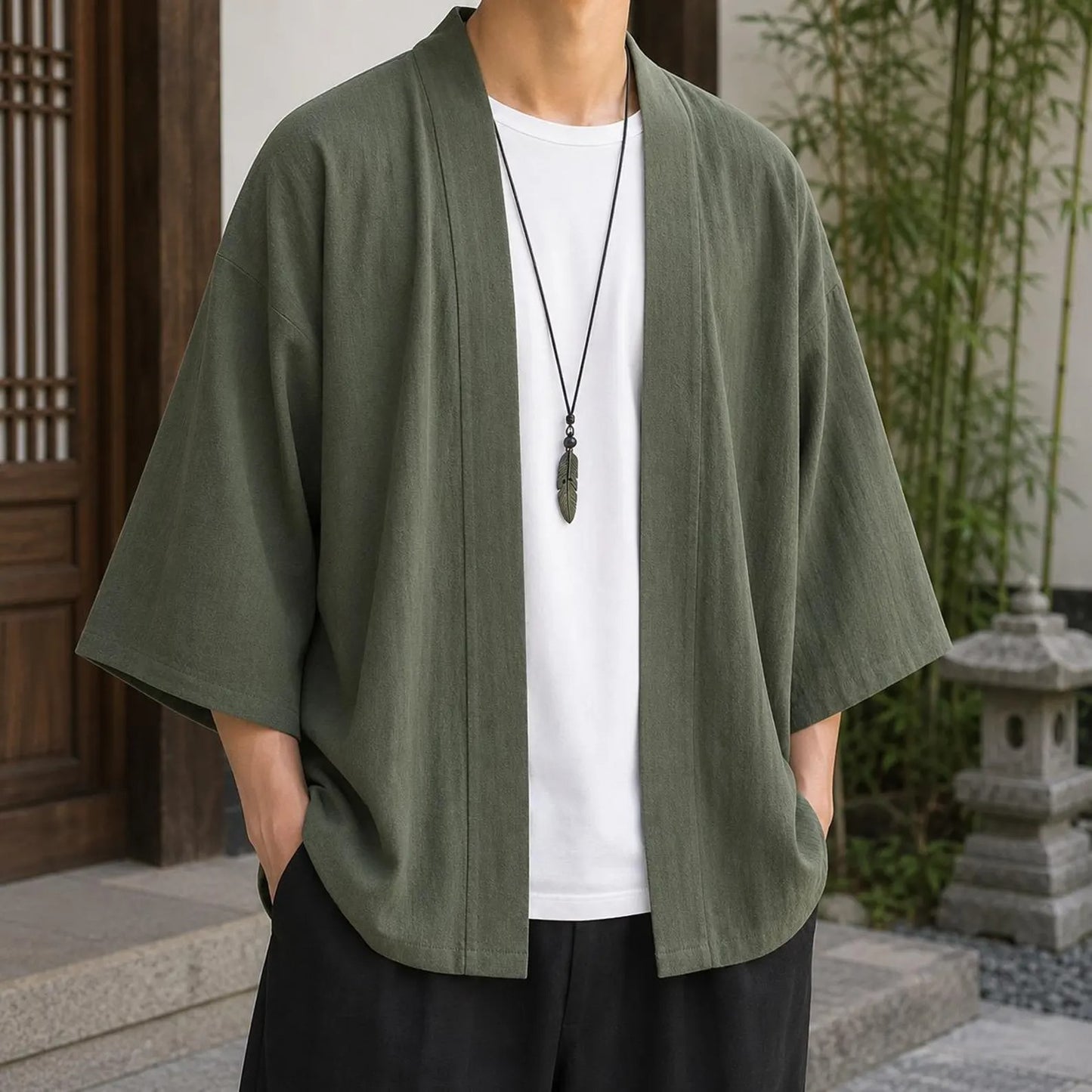 Men's Cotton Linen Kimono Cardigan, Open Front Japanese Style Jacket
