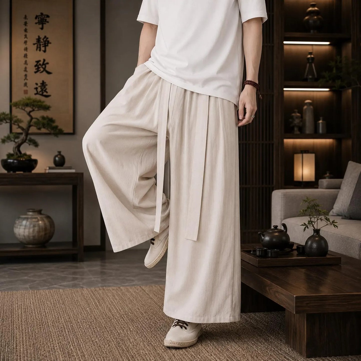 Men's Japanese Wide Leg Pants, Hakama Style Cotton Trousers