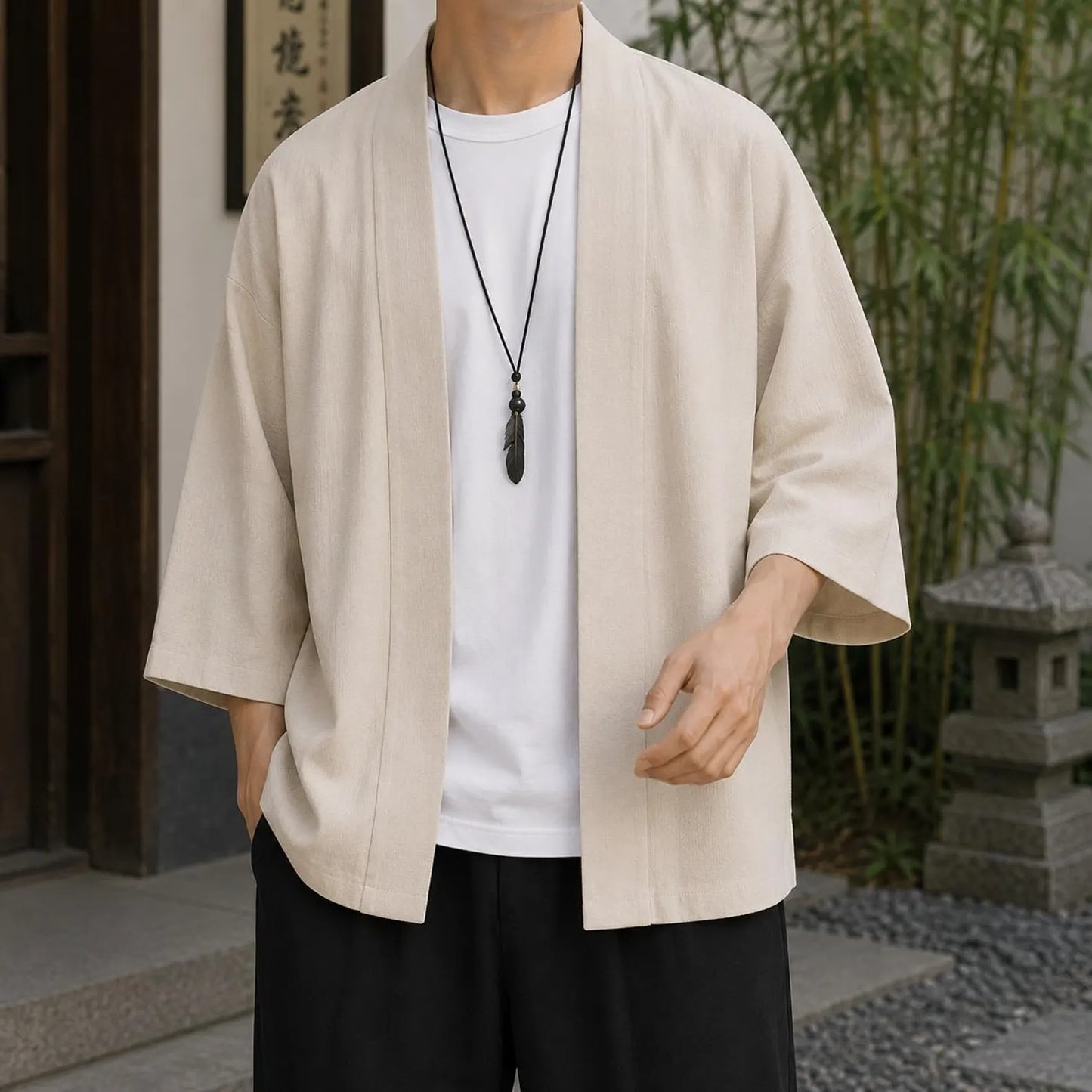 Men's Cotton Linen Kimono Cardigan, Open Front Japanese Style Jacket