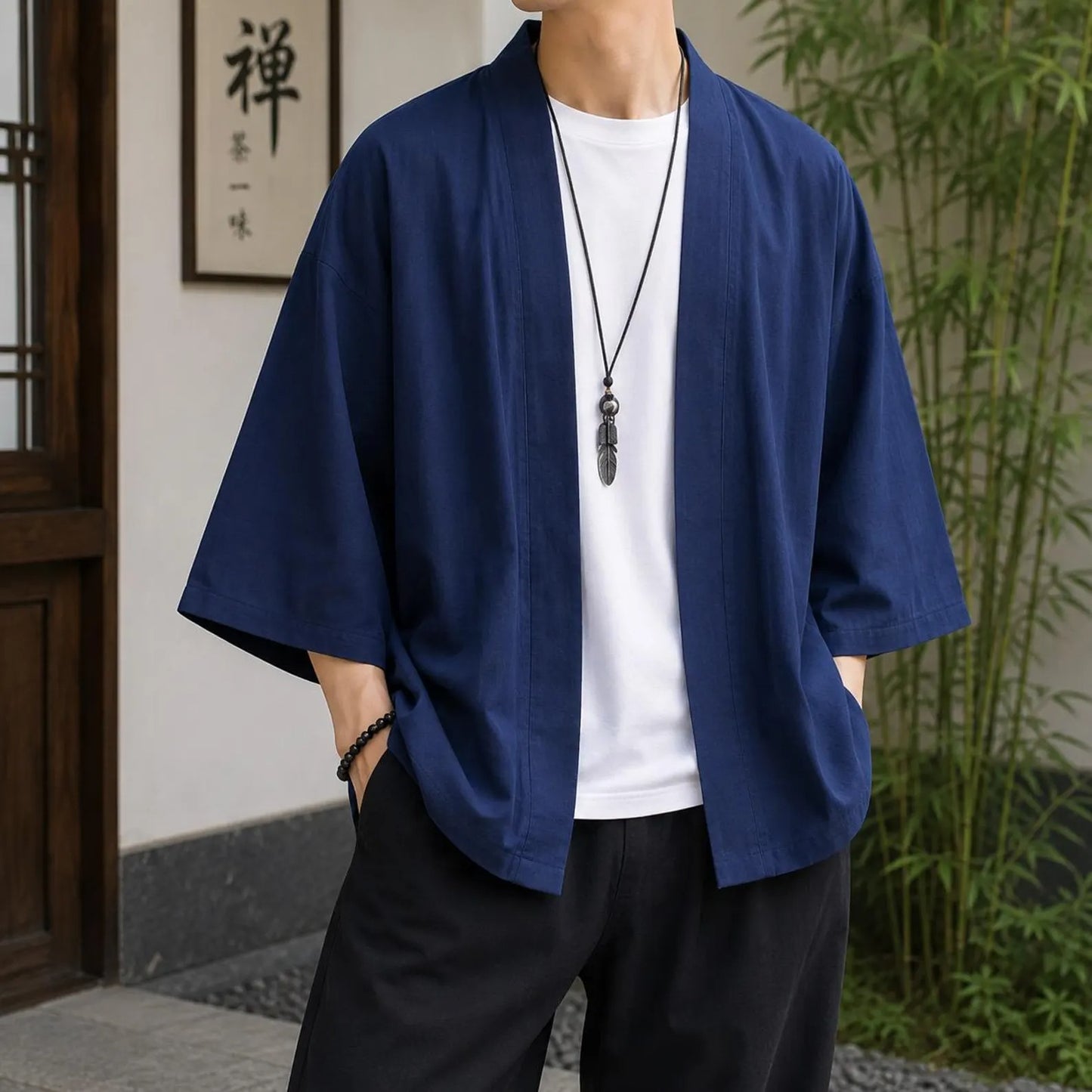 Men's Cotton Linen Kimono Cardigan, Open Front Japanese Style Jacket