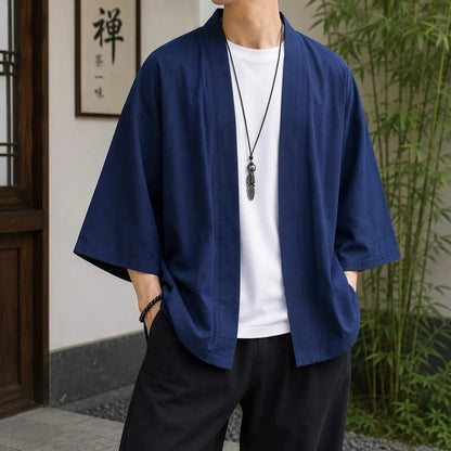 Men's Cotton Linen Kimono Cardigan, Open Front Japanese Style Jacket