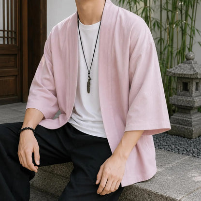 Men's Cotton Linen Kimono Cardigan, Open Front Japanese Style Jacket