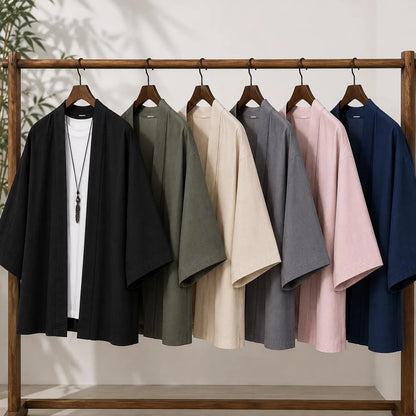 Men's Cotton Linen Kimono Cardigan, Open Front Japanese Style Jacket