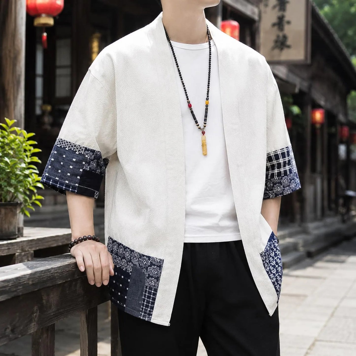 Men's Cotton Kimono Cardigan, Japanese Style Open Front Jacket