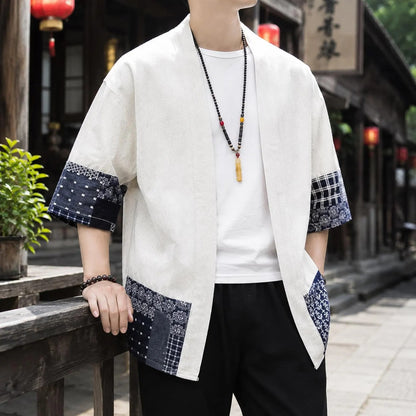 Men's Cotton Kimono Cardigan, Japanese Style Open Front Jacket