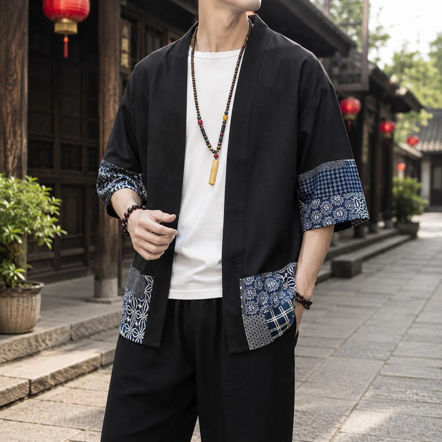 Men's Cotton Kimono Cardigan, Japanese Style Open Front Jacket